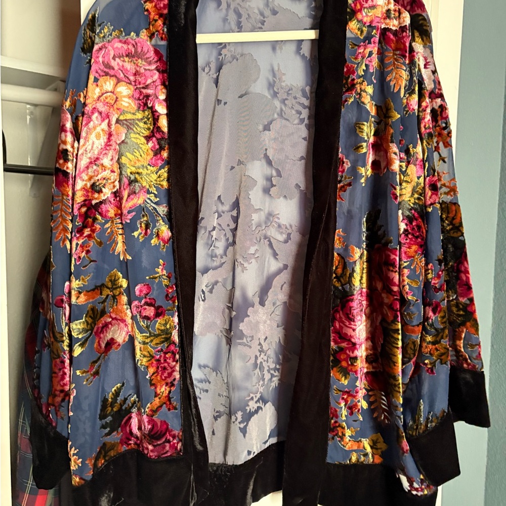 Floral Velvet Kimono Jacket - Blue with Pink Floral